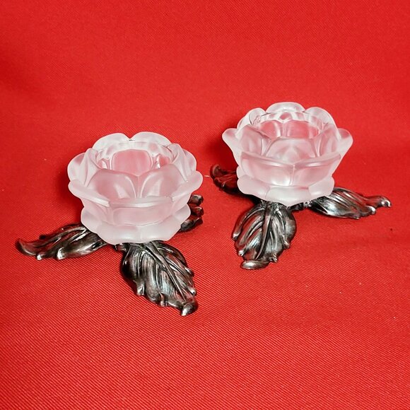 Vintage Pair PM Italy Frosted Glass Rose Silver Plate Leaves Candle Holder - Picture 12 of 13